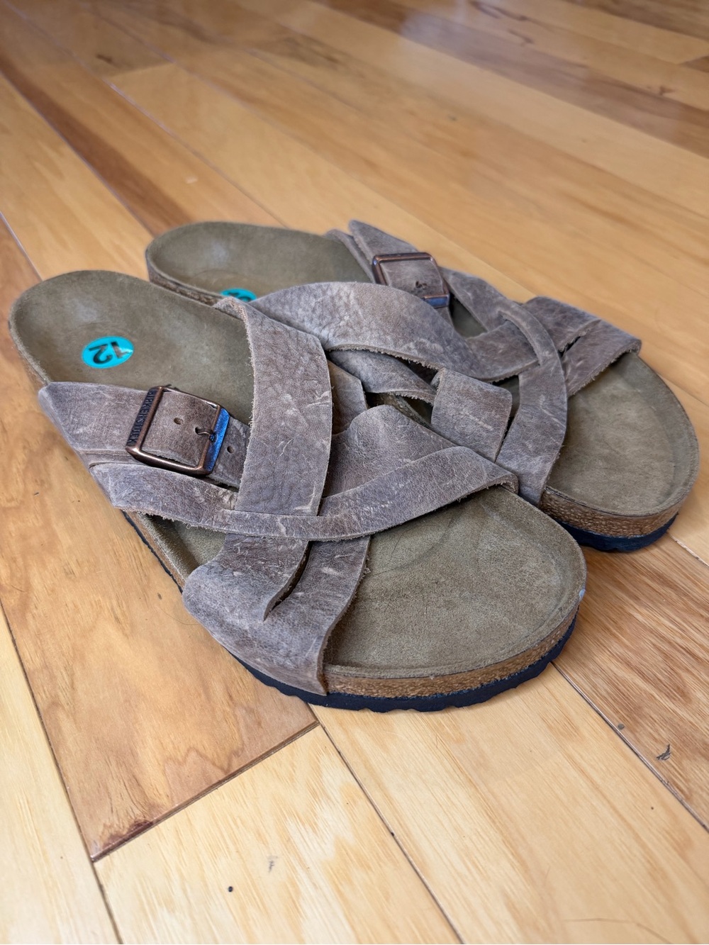 NWOT Birkenstock Lugano Oiled Leather Criss Cross Strap Slide Coastal Grandad 12 - Picture 2 of 11